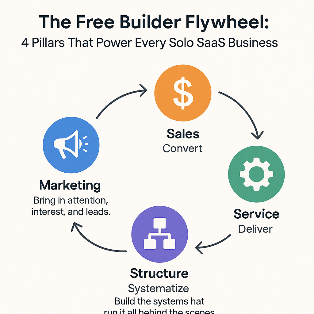 The Free Builder Flywheel — Structure, Service, Marketing, Sales turning together